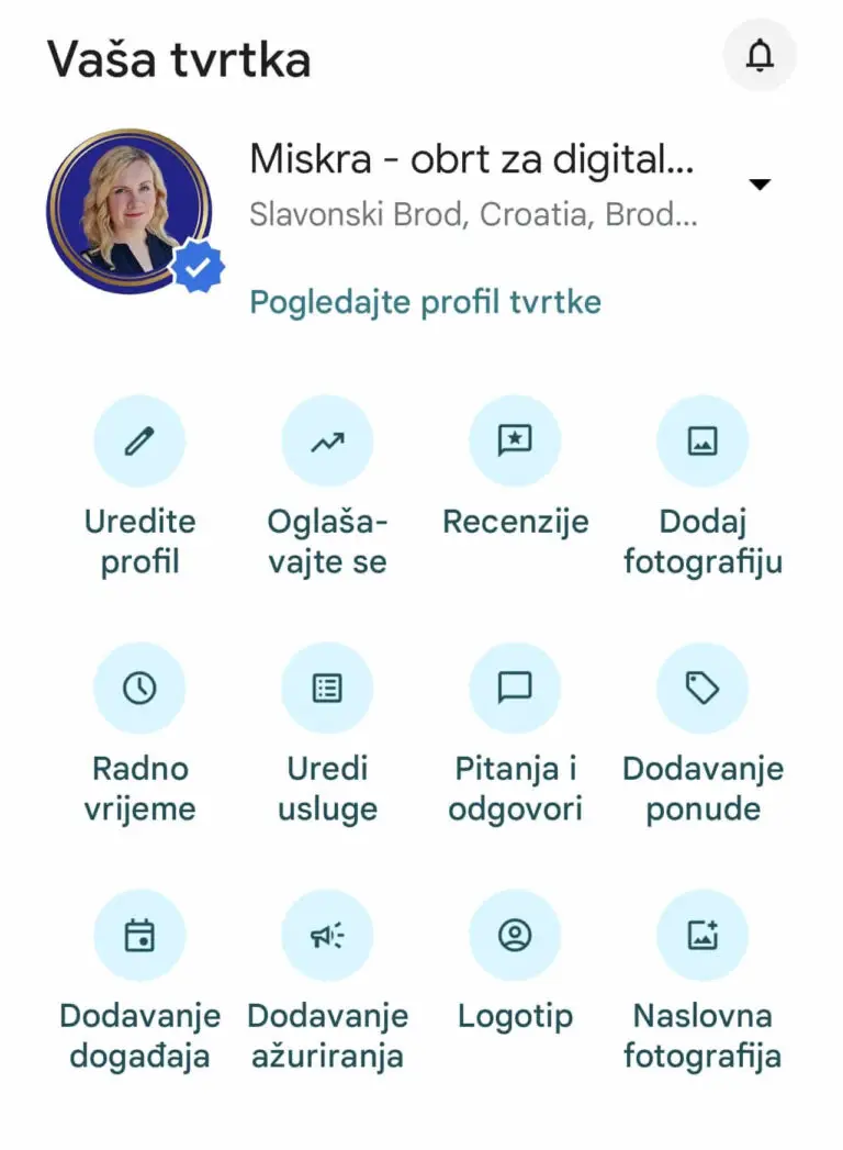 izgled upravljačke ploče za postavku google business profila